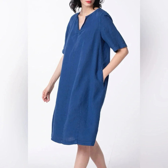 MARVIN BROWNE LONDON Spitalfields Navy Blue‎ Linen Shift Dress Pockets L - Picture 1 of 12